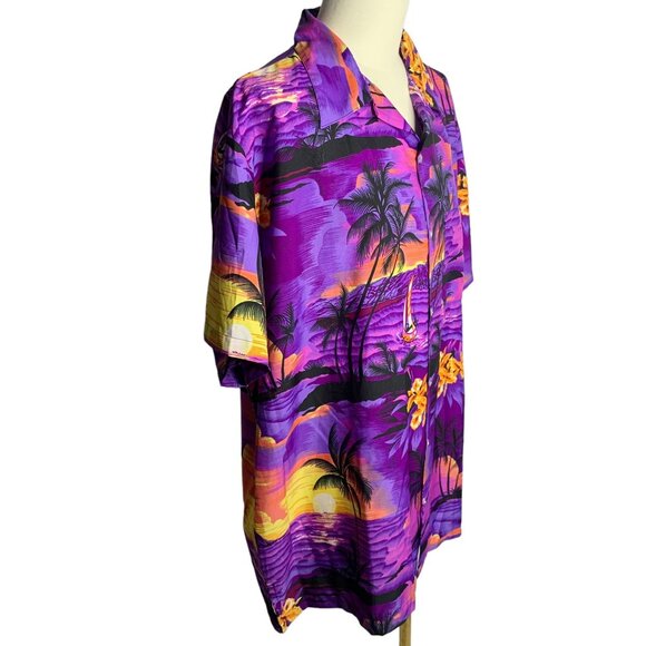 Button Up Hawaiian Camp Shirt 3XL Purple Floral Sunset Beach Short Sleeve Pocket - Picture 5 of 6